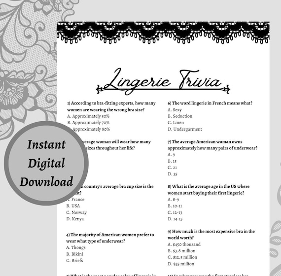 Lingerie Trivia Shower Game | Printable PDF Download | Lace Theme - Etsy Lingerie Trivia Shower Game | Printable PDF Download | Lace Theme - Etsy