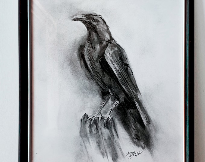 Original Charcoal Raven Drawing Bird Crow Black White Etsy