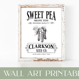 Vintage Sweet Pea Seeds Wall Art, Instant Download, printable farmhouse decor, vintage decor, printable vintage wall art, vintage spring