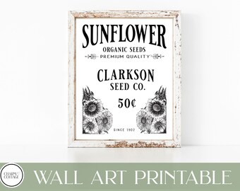 Vintage Sonnenblumen Samen Wandkunst, Instant Download, druckbares Bauernhaus Dekor, Vintage Dekor, druckbare vintage Wandkunst, Sonnenblumen Kunst,