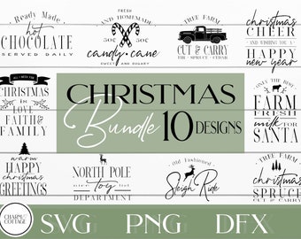 May include: A collection of 10 Christmas-themed designs in black and white. The designs include phrases like "Hot Chocolate," "Candy Cane," "Christmas Cheer," and "Farm Fresh Milk for Santa." The image also includes SVG, PNG, and DFX file formats.