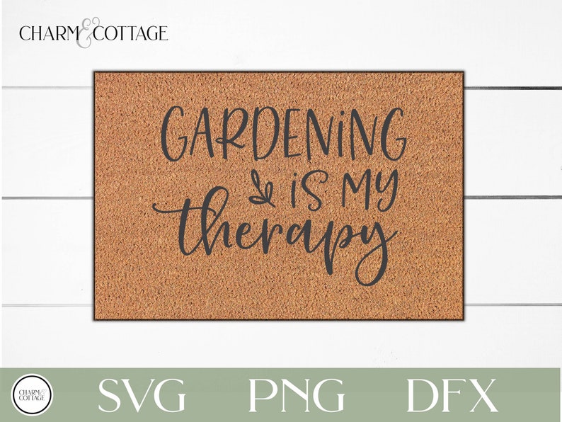 May include: A brown doormat with the text "Gardening is my therapy" in black script font. The text is centered on the doormat and is surrounded by a brown, textured background.