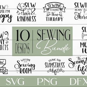Puede incluir: Una descarga digital de 10 archivos SVG, PNG y DFX con temática de costura. Los diseños incluyen frases como "Yo coso porque soy feliz", "Coser amor y amabilidad", "Coser es más barato que la terapia", "Coser muchos proyectos", "Bienvenido a mi sala de costura" y "Vivir la vida de la costurera".