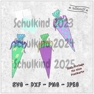 Arquivo plotter - escolar 2023 - 2025 - matrícula escolar - SVG - DXF - Png - Jpeg - cone escolar - cone de açúcar - i-Dötzchen - cartão postal