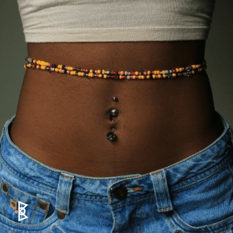 Beaded wide belt black glass beads ebony wood buckle stretch elastic m