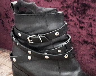 Studded Leather Boot Straps: Black Punk Buckle Harness