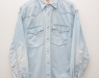 Levis Vintage 90s Mens Check Blue Denim Shirt Size L - Etsy