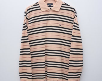 Burberry Beige Striped Long Sleeve Polo Large Men's