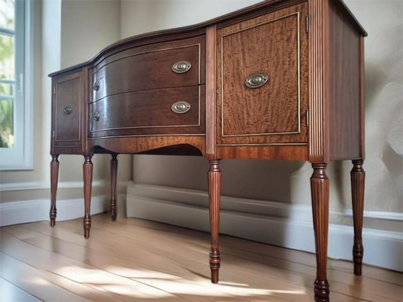 May include: A vintage mahogany wood sideboard with two drawers and three doors. The sideboard has a curved front and sits on four turned legs.