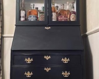 SOLD* Vintage Black Mahogany Chippendale Secretary Desk Liquor Cabinet Farmhouse