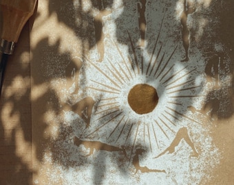 Woodcut yoga sun salutation print