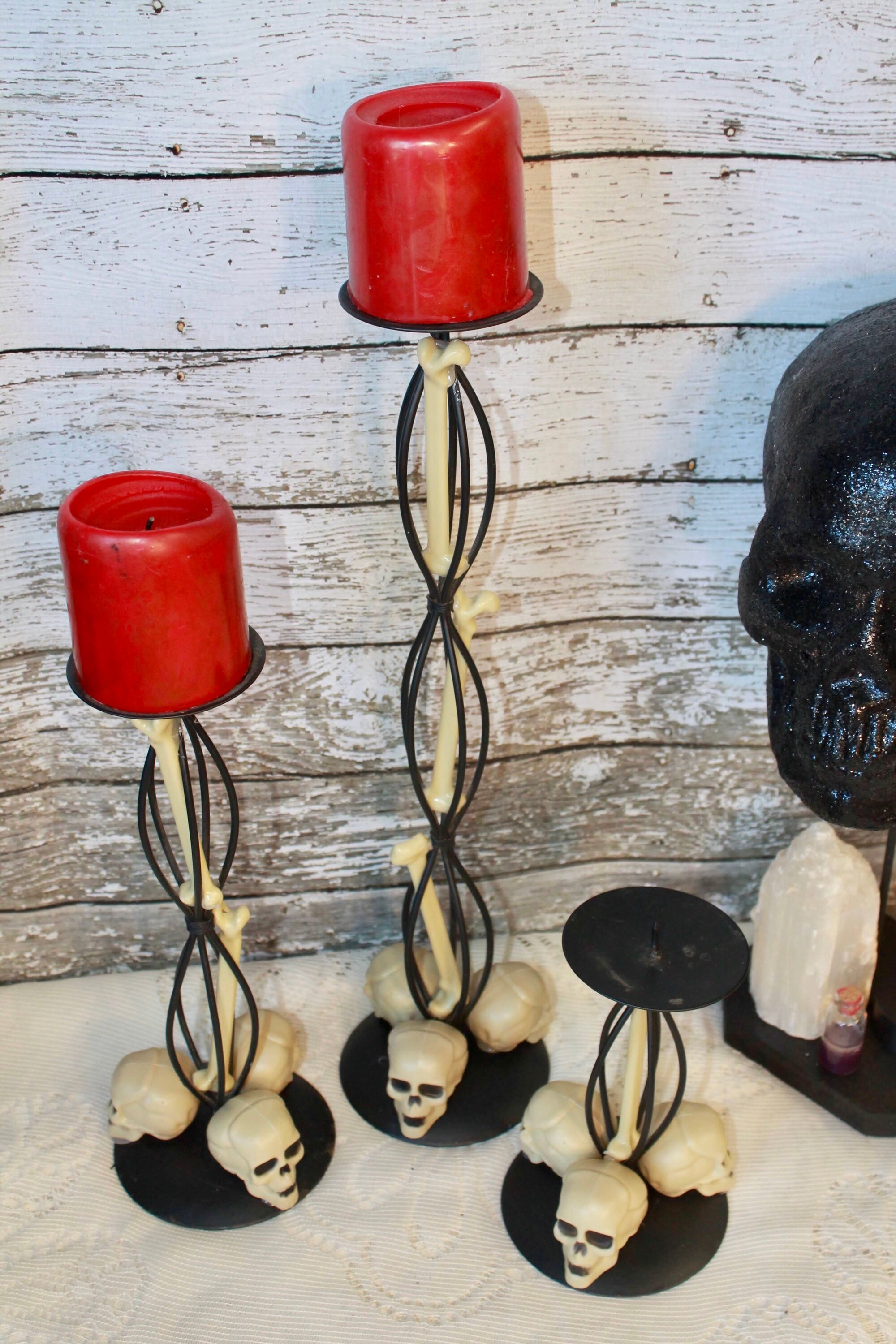 Set of 3 Skull Skeleton Vintage Candle Stands Halloween Etsy