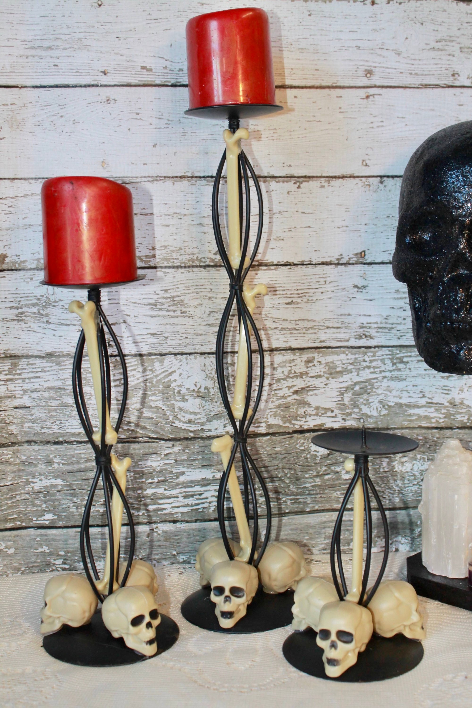 Set of 3 Skull Skeleton Vintage Candle Stands Halloween Etsy