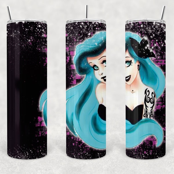 punk glitter mermaid skinny tumbler sublimation design 20 oz 30 oz goth punk rock tattoo piercing edgy rock pink blue purple sparkles