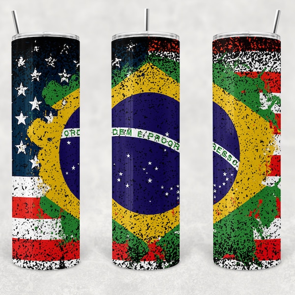 Brazil and USA Flag sublimation design png download distressed grunge flag combo skinny straight sublimation cup 20 oz 30 oz brazil USA