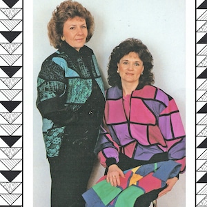 May include: Two women are pictured in a framed photo. The women are wearing colorful patchwork jackets. The photo is titled "Pieced Perfection" and is from "Country Creations, Box 742, Strathmore, Alberta TOJ 3H0".