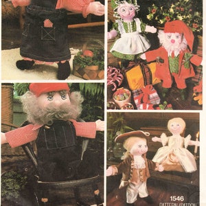 May include: A vintage sewing pattern for making five different dolls. The pattern includes instructions for making a girl doll wearing a red and white gingham dress, a boy doll wearing a red and white gingham shirt and overalls, a girl doll wearing a green and white dress, a boy doll wearing a red and white gingham shirt and overalls, and a girl doll wearing a white dress. The pattern is titled "Little Vogue" and has the number 1546.