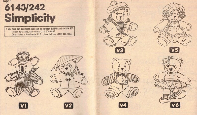 Wardrobe For The Chic Bears Sewing Pattern UNCUT Simplicity 6143 Vintage 1983 Make 6 Outfits for 16 Stuffed Bears image 2