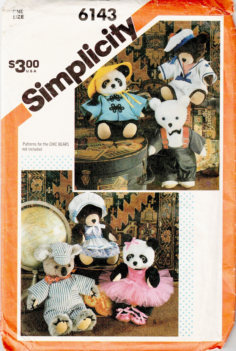 Wardrobe For The Chic Bears Sewing Pattern UNCUT Simplicity 6143 Vintage 1983 Make 6 Outfits for 16 Stuffed Bears image 1