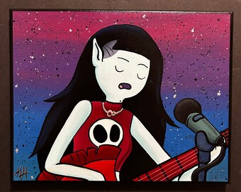 May include: A digital painting of a cartoon character with long black hair, wearing a red shirt with a skull design and holding a guitar. The background is a purple and pink gradient with white dots.