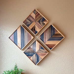 Wood Mosaic Wall Art - Set of 4 Rustic Lath Tiles