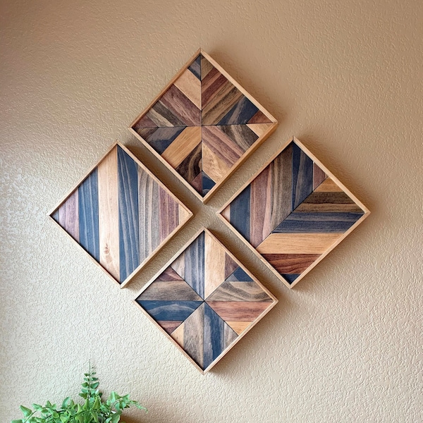 Rustic Wood Wall Hanging, Set of 4 Small Wood Mosaic Art, Farmhouse Lath Art, Boho Wall Collage Decor, Geometric Barnwood Wall Art