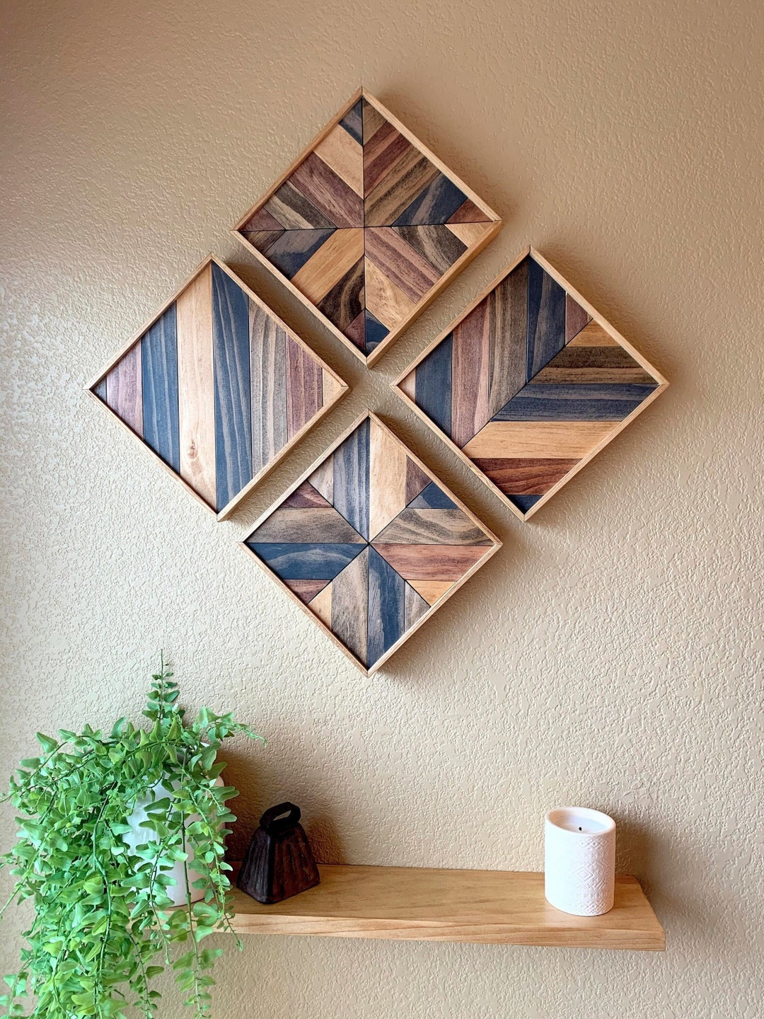 Wood Mosaic Wall Art - Set of 4 Rustic Lath Tiles - Etsy