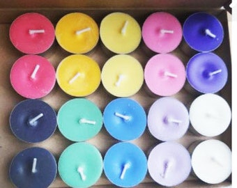 20 Scented or Unscented Coloured Soy Wax Tealights. Multicoloured and Plain Colour Choices.