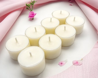 Peony & Blush Suede . 8 Large Soy Wax Tealight Candles, Wellbeing Candles, Sleep Enhancing