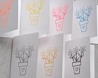 Handmade Flowers in Vase Mini Cards Metallic and Fluorescent Colours. All Occasions