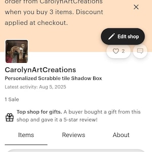 May include: Screenshot of an Etsy shop page, showing the shop name "CarolynArtCreations" and a search bar. The page advertises free shipping on orders of three items or more. The shop sells personalized items.