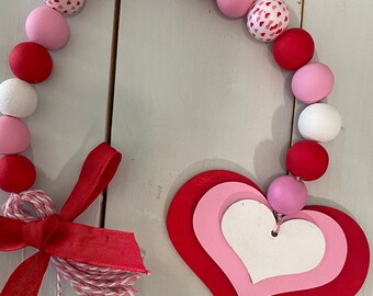Valentines Day Wood Bead Garland, Red, Pink and Natural Wood Bead Garland 