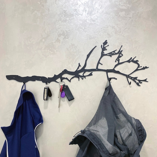 Porte-manteau mural en métal avec crochets muraux, décoration murale en métal, branche d'arbre, décoration en métal noir
