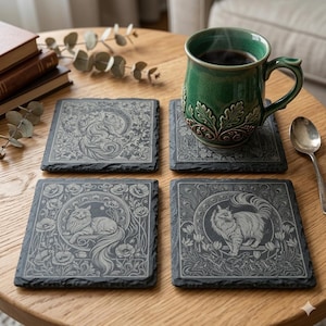 4 posavasos de pizarra con diseño de gato Art Nouveau – Piedra natural grabada con láser / Decoración botánica vintage