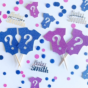 Paquete de fiesta de revelación de género / Decoración de revelación de género / Decoraciones de revelación de género / Dispersión de mesa / Confeti / Toppers de cupcake de revelación de género