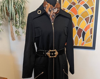 Vintage 1970s Black 100% Wool "Knits by Francis X" Zip Front Dagger Collar Dress w/ Gold Zipper Details - Black Velvet Belt included