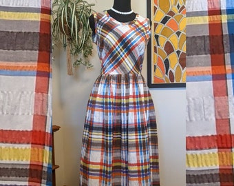 Vintage 1970s Multicolor Plaid Seersucker Sleeveless Maxi Dress by Toni Todd