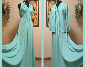 Vintage 1970s Mint Green Aqua Rhinestone Studded Disco Polyester Knit V Neck Sleeveless Maxi Dress Gown with Matching Long Sleeve Jacket