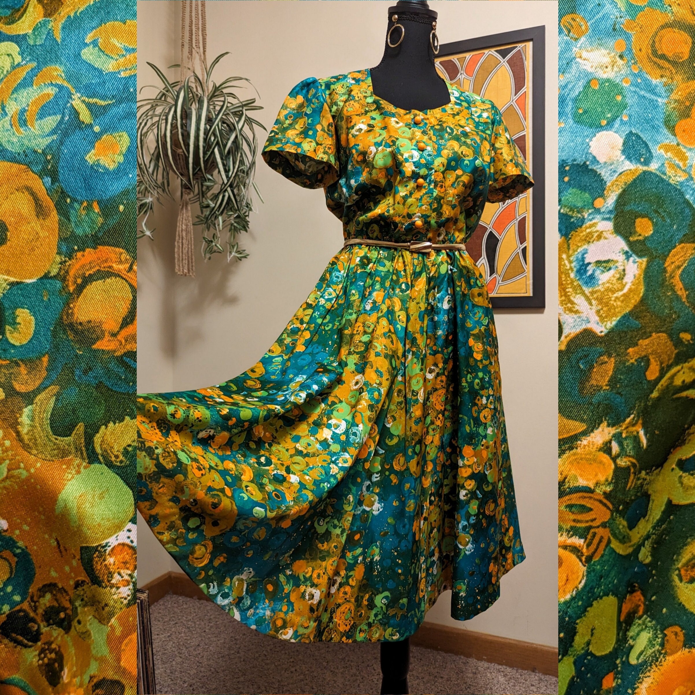 Vintage 1980s Orange & Green 80s Does 50s Dot Bubble Print Sweetheart ...
