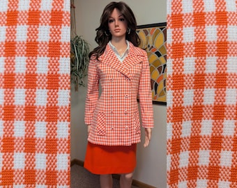 Vintage 1970s Red & White Gingham Checked Double Breasted Polyester Blazer Jacket with Red A-line Skirt / 60s 70s Matching Set Skirt Suit