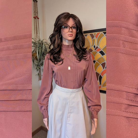 Vintage 1980s Mauve Rose Pleated Ruffle Back Button Blouse 80s