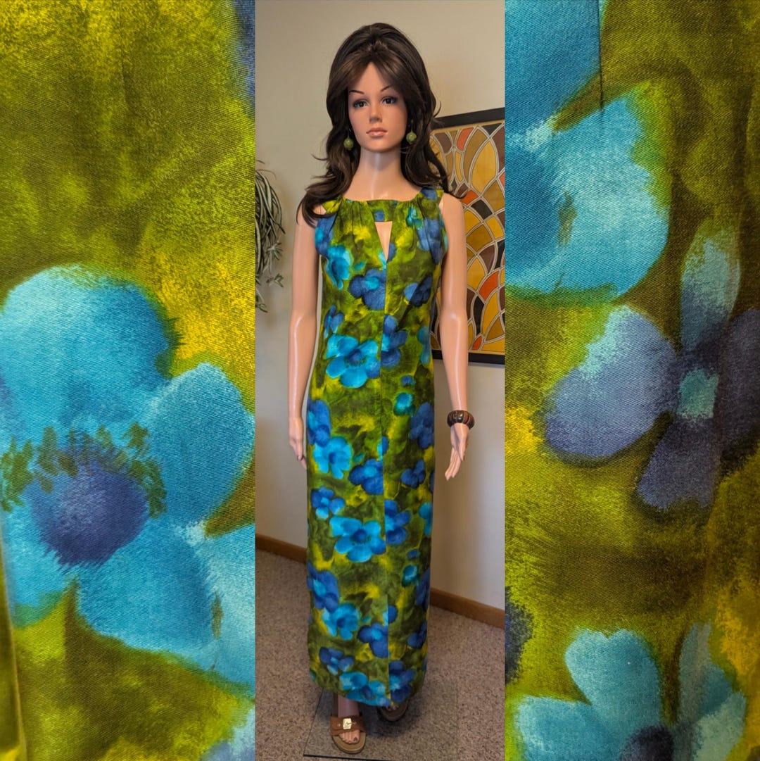 Vintage 1960s Green & Blue Floral Hawaiian Cotton Maxi Dress / 60s 70s ...