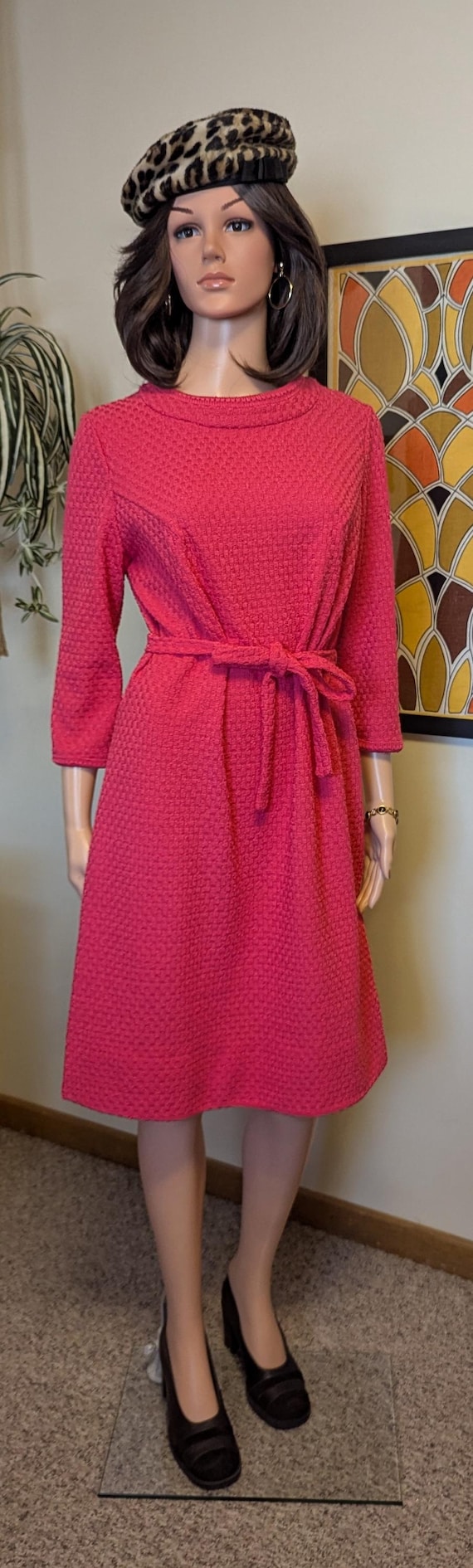 hot pink dress with black shoes Vintage 1960s Textured Knit Long Sleeve Mock Neck Matching Sash Belt / 60s 70s Bright Mod Spring Knee Length Dress but theyre all poseable spandex dresses Codami Mini Dress in SIZE:AU 10