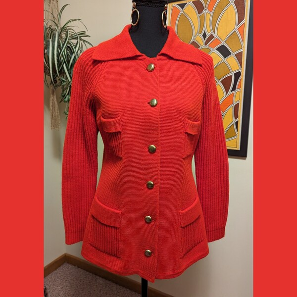 Vintage 1970s Red Collared Acrylic Knit Gold Button Cardigan Sweater with Pockets and Ribbed Long Sleeves