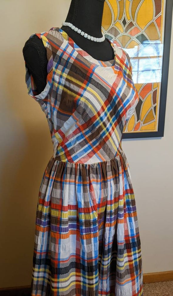 Vintage 1970s Multicolor Plaid Seersucker Sleevel… - image 3