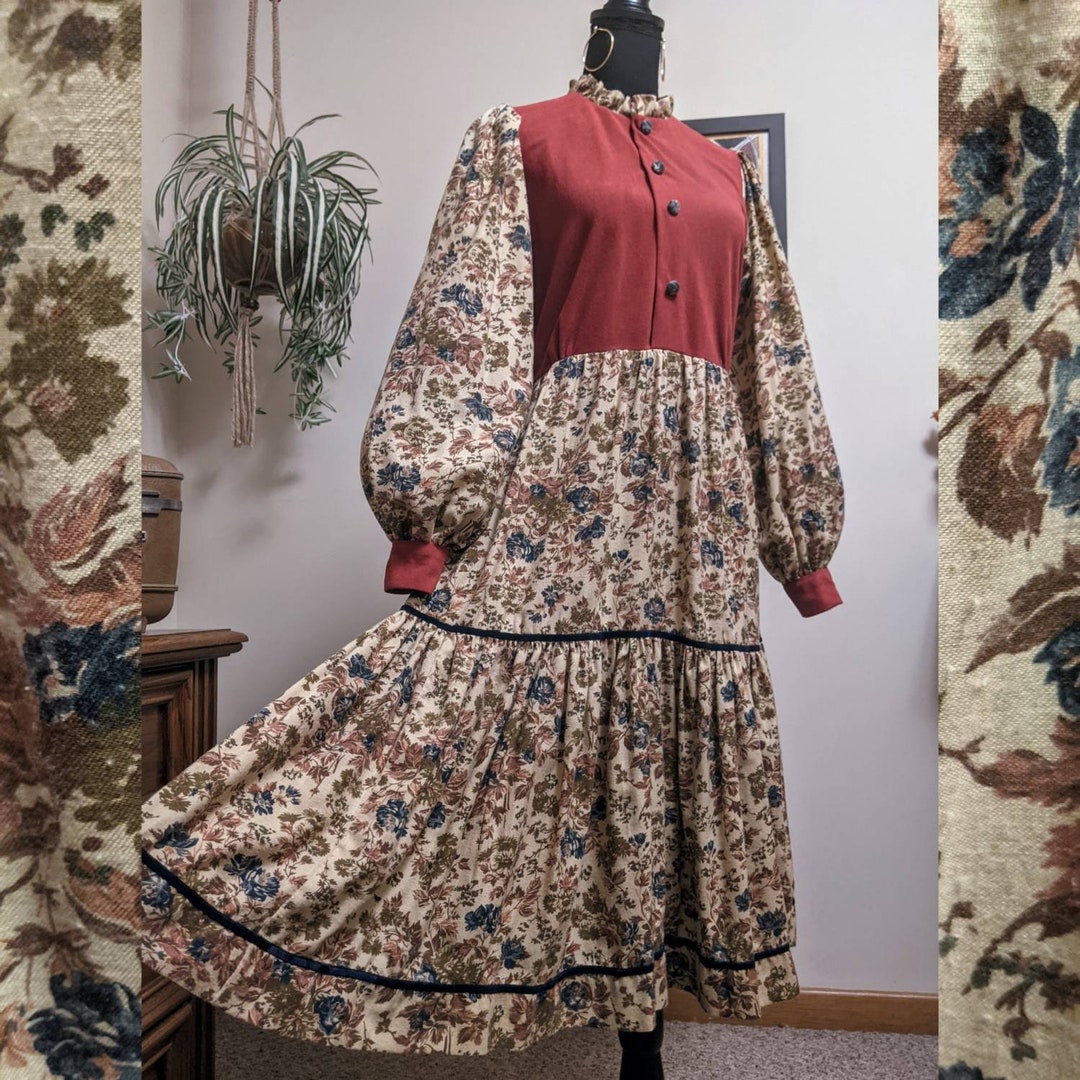 70s handmade pale orange floral prairie dress