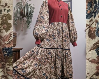 Vintage 1970s Floral Prairie Dress with Bishop Sleeves, Ruffle Neck, and Velvet Ribbons