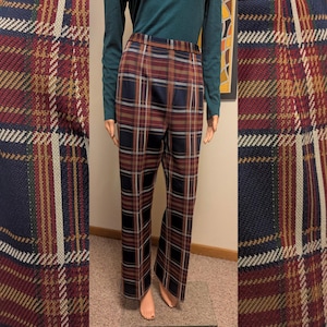Vintage Navy Plaid High Waisted Flare Polyester Trouser Pants / 60s 70s Mod Preppy Fall Academia