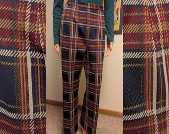 Vintage Navy Plaid High Waisted Flare Polyester Trouser Pants / 60s 70s Mod Preppy Fall Academia