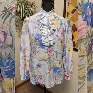 Vintage 1970s Pastel Floral Ruffle Mock Neck Polyester Blouse by Teddi of California